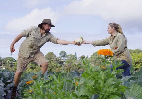 Man handing woman fresh vegetable meta